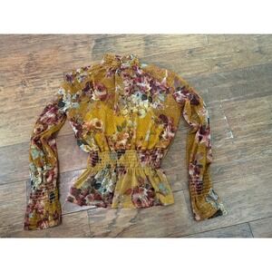 KAII Mustard Yellow Floral Mesh Mock Neck Smocked Peplum Top Small Womens